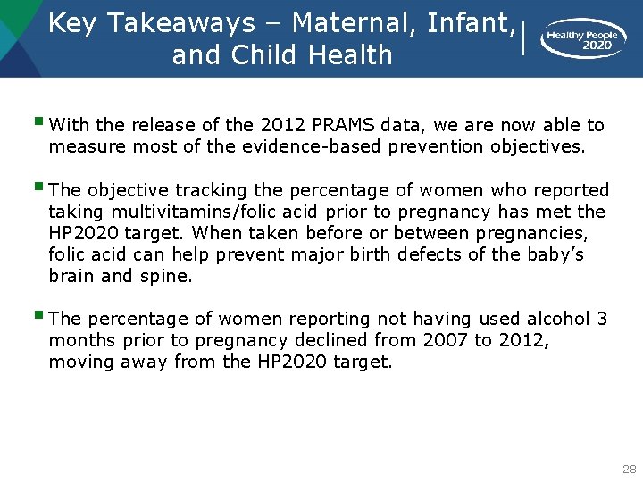 Key Takeaways – Maternal, Infant, and Child Health § With the release of the