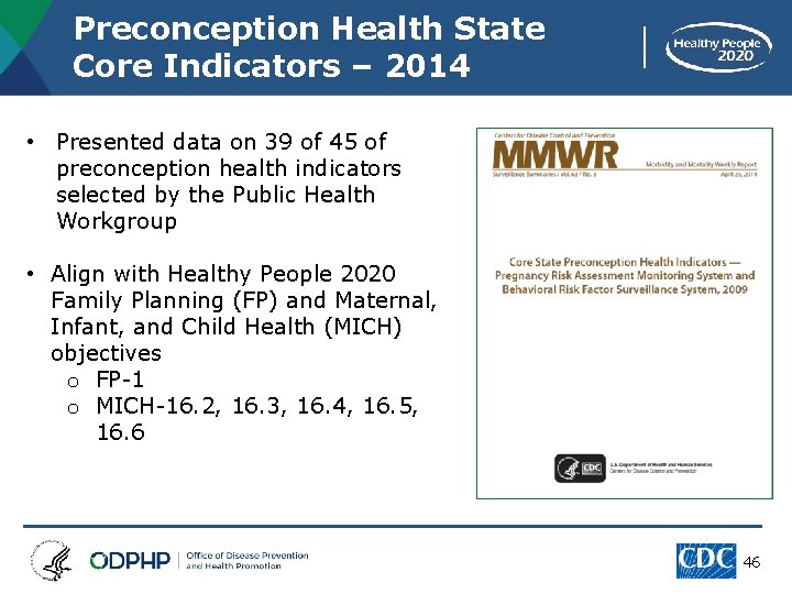 Preconception Health State Core Indicators – 2014 • Presented data on 39 of 45