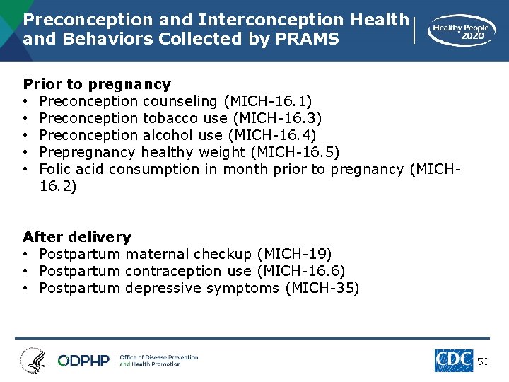 Preconception and Interconception Health and Behaviors Collected by PRAMS Prior to pregnancy • Preconception