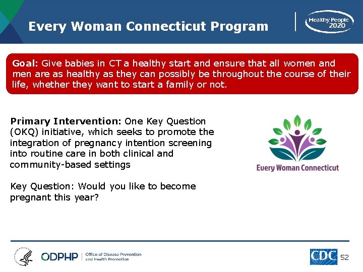 Every Woman Connecticut Program Goal: Give babies in CT a healthy start and ensure