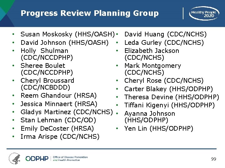 Progress Review Planning Group • Susan Moskosky (HHS/OASH) • David Huang (CDC/NCHS) • David
