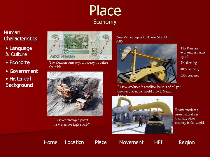 Place Economy Human Characteristics • Language & Culture • Economy • Government • Historical