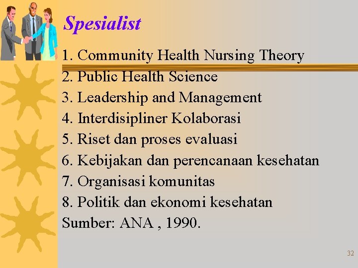 Spesialist 1. Community Health Nursing Theory 2. Public Health Science 3. Leadership and Management Spesialist 1. Community Health Nursing Theory 2. Public Health Science 3. Leadership and Management