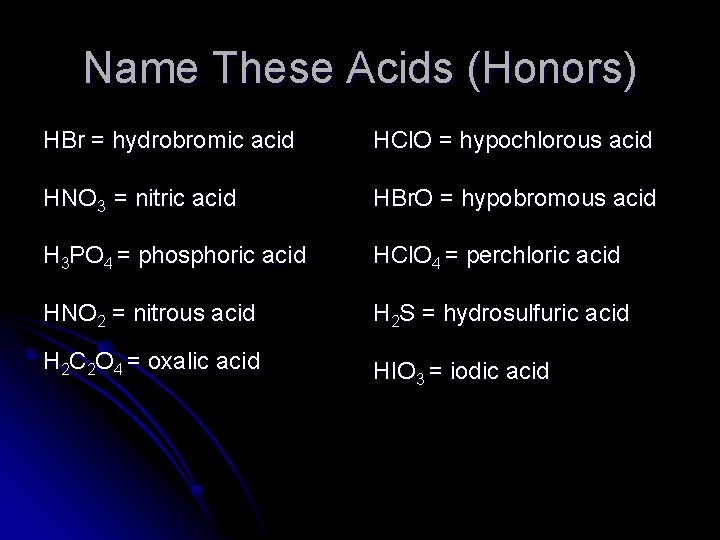 Name These Acids (Honors) HBr = hydrobromic acid HCl. O = hypochlorous acid HNO