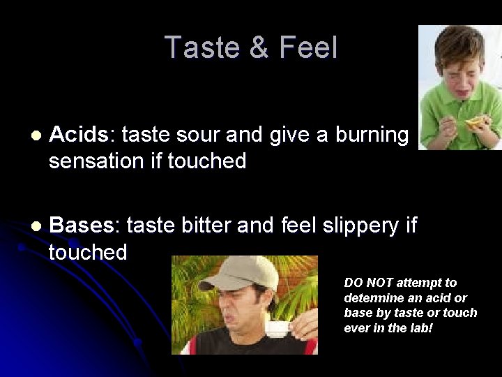 Taste & Feel l Acids: taste sour and give a burning sensation if touched