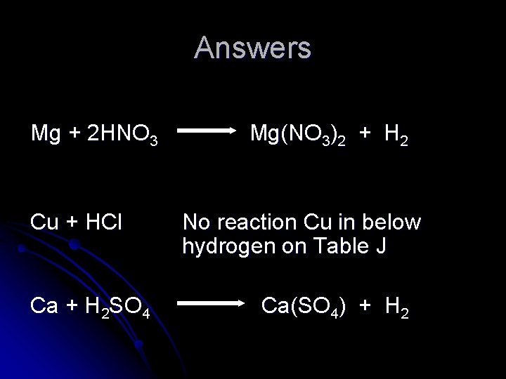 Answers Mg + 2 HNO 3 Cu + HCl Ca + H 2 SO