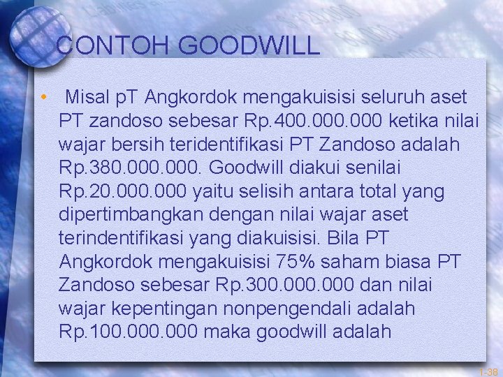 CONTOH GOODWILL • Misal p. T Angkordok mengakuisisi seluruh aset PT zandoso sebesar Rp.