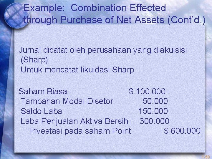 Example: Combination Effected through Purchase of Net Assets (Cont’d. ) Jurnal dicatat oleh perusahaan