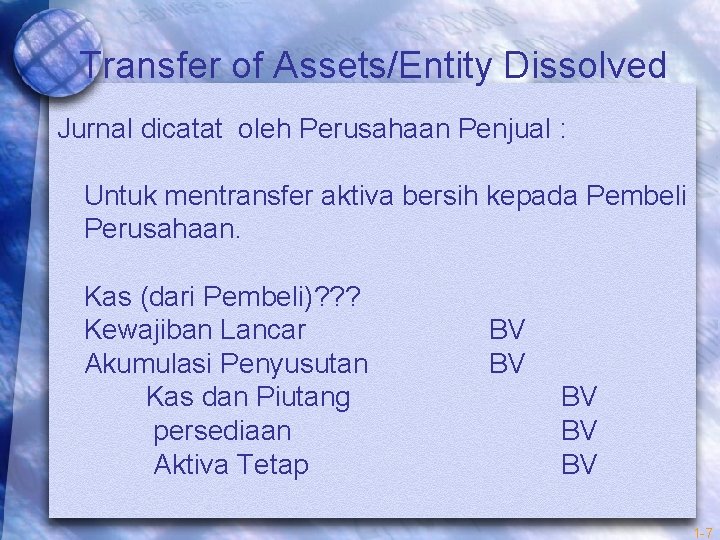 Transfer of Assets/Entity Dissolved Jurnal dicatat oleh Perusahaan Penjual : Untuk mentransfer aktiva bersih