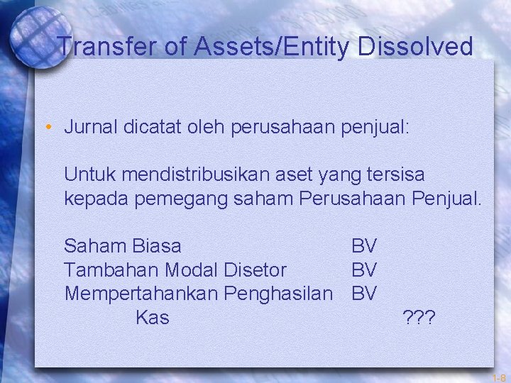 Transfer of Assets/Entity Dissolved • Jurnal dicatat oleh perusahaan penjual: Untuk mendistribusikan aset yang