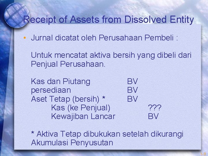 Receipt of Assets from Dissolved Entity • Jurnal dicatat oleh Perusahaan Pembeli : Untuk