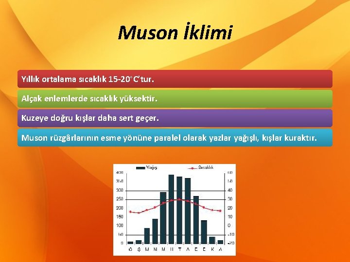 Muson İklimi Yıllık ortalama sıcaklık 15 -20°C’tur. Alçak enlemlerde sıcaklık yüksektir. Kuzeye doğru kışlar