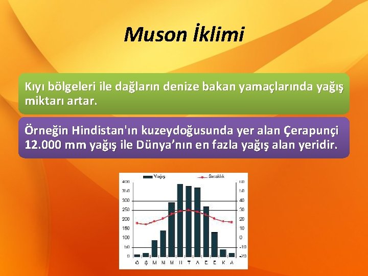 Muson İklimi Kıyı bölgeleri ile dağların denize bakan yamaçlarında yağış miktarı artar. Örneğin Hindistan'ın