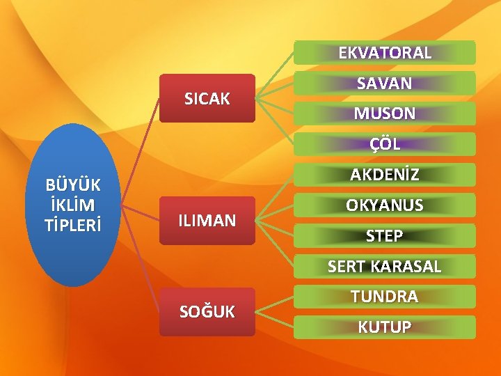 EKVATORAL SICAK SAVAN MUSON ÇÖL BÜYÜK İKLİM TİPLERİ AKDENİZ ILIMAN OKYANUS STEP SERT KARASAL