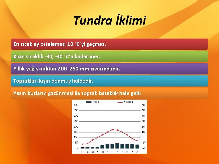 Tundra İklimi En sıcak ay ortalaması 10 °C‘yi geçmez. Kışın sıcaklık -30, -40 °C‘a