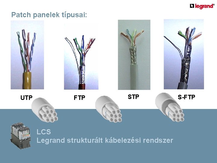 Patch panelek típusai: UTP FTP STP LCS Legrand strukturált kábelezési rendszer S-FTP 