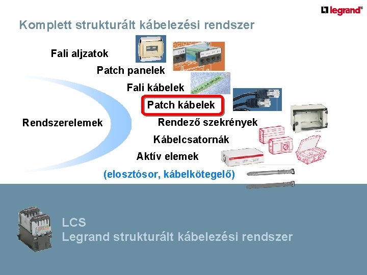 Komplett strukturált kábelezési rendszer Fali aljzatok Patch panelek Fali kábelek Patch kábelek Rendszerelemek Rendező