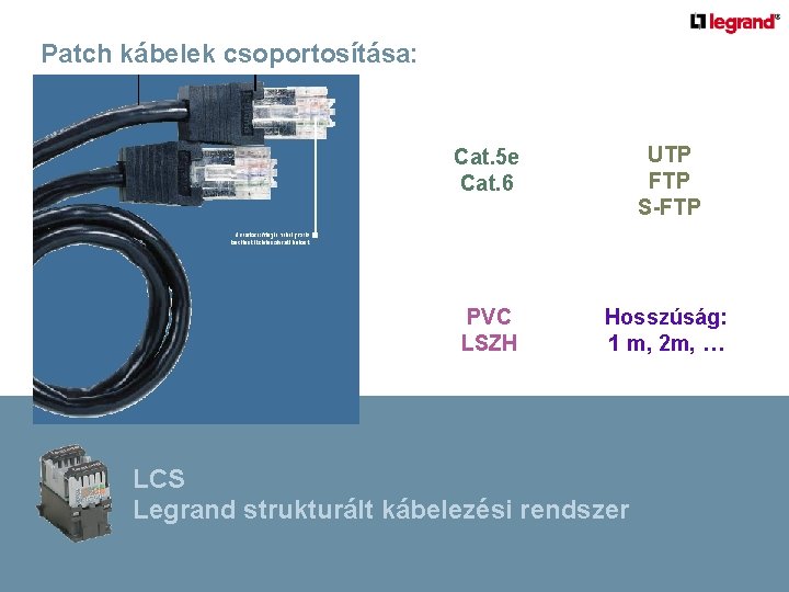 Patch kábelek csoportosítása: Cat. 5 e Cat. 6 UTP FTP S-FTP PVC LSZH Hosszúság: