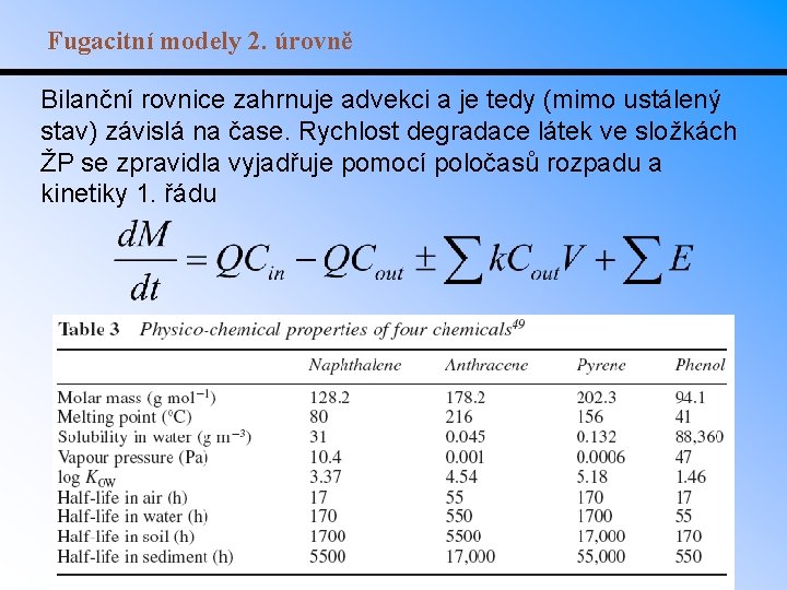 Fugacitní modely 2. úrovně Bilanční rovnice zahrnuje advekci a je tedy (mimo ustálený stav)