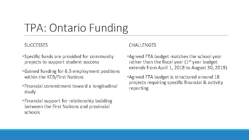TPA: Ontario Funding SUCCESSES • Specific funds are provided for community projects to support