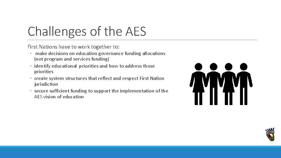 Challenges of the AES First Nations have to work together to: ◦ make decisions