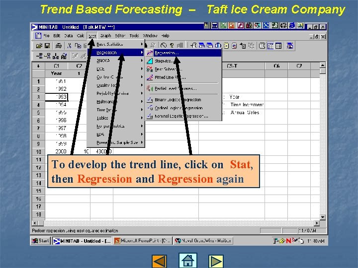 Trend Based Forecasting – Taft Ice Cream Company To develop the trend line, click