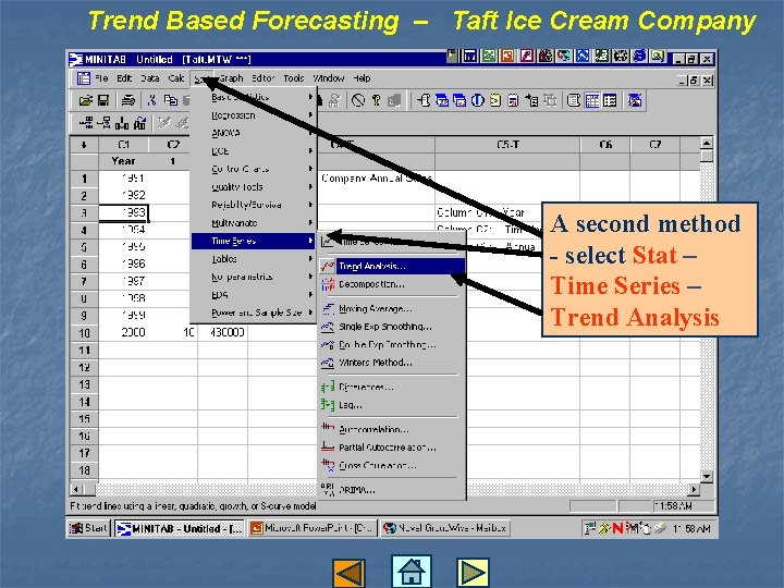 Trend Based Forecasting – Taft Ice Cream Company A second method - select Stat