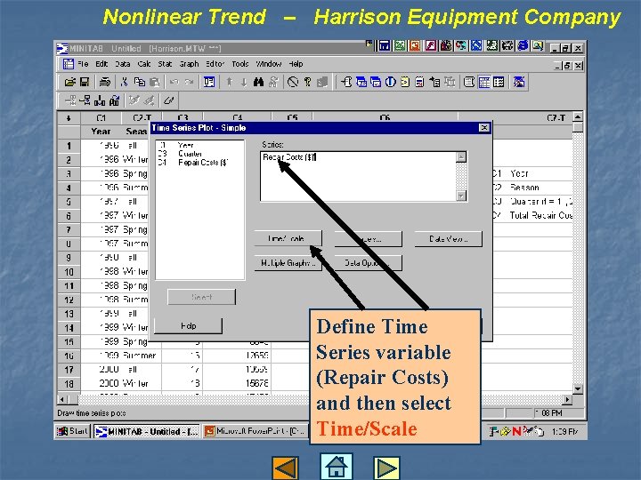 Nonlinear Trend – Harrison Equipment Company Define Time Series variable (Repair Costs) and then