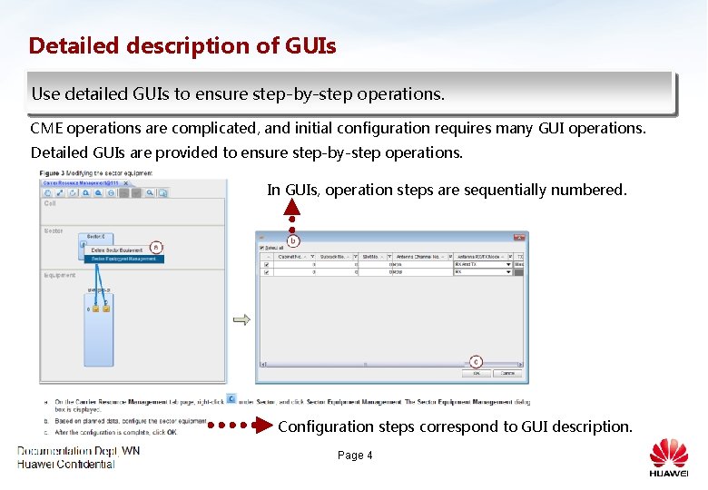 Detailed description of GUIs Use detailed GUIs to ensure step-by-step operations. CME operations are