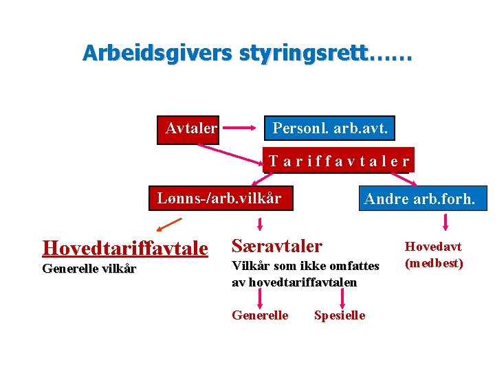 Arbeidsgivers styringsrett…… Lover Avtaler Personl. arb. avt. Tariffavtaler Lønns-/arb. vilkår Hovedtariffavtale Generelle vilkår Andre