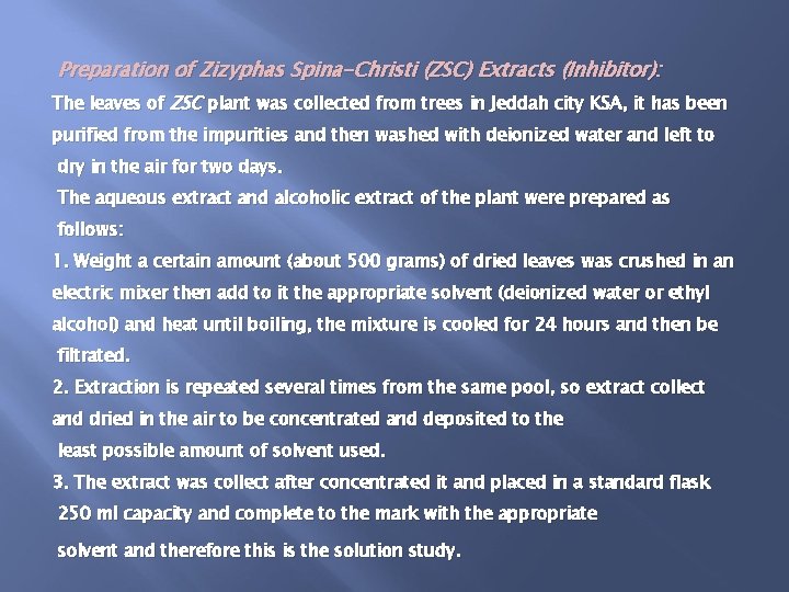 Preparation of Zizyphas Spina-Christi (ZSC) Extracts (Inhibitor): The leaves of ZSC plant was collected