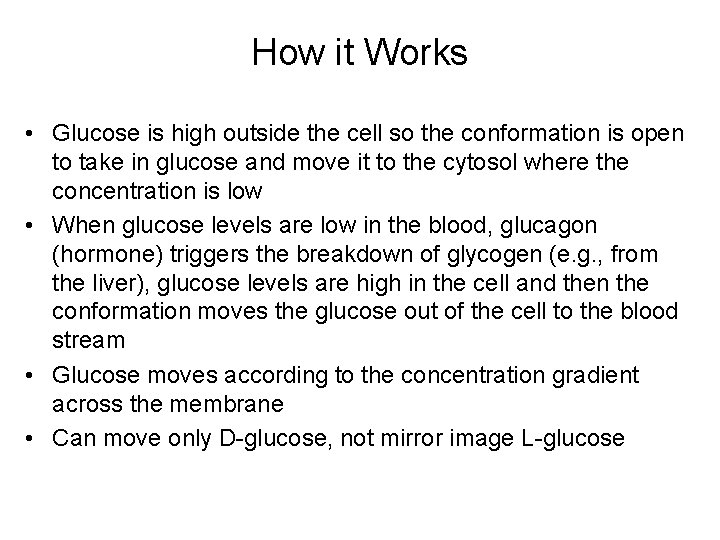 How it Works • Glucose is high outside the cell so the conformation is