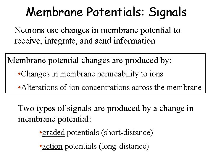 Membrane Potentials: Signals Neurons use changes in membrane potential to receive, integrate, and send