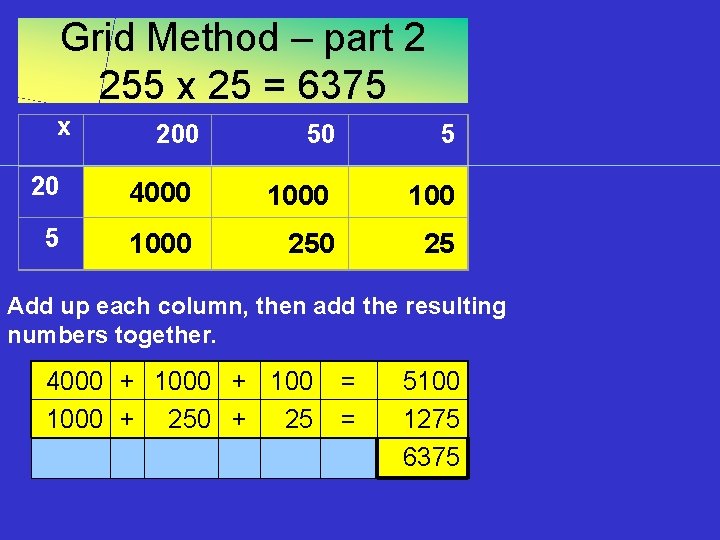 Grid Method – part 2 255 x 25 = 6375 x 200 50 5
