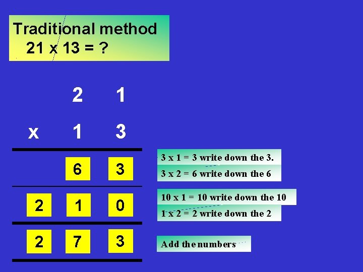 Traditional method 21 x 13 = ? x 2 1 1 3 6 3