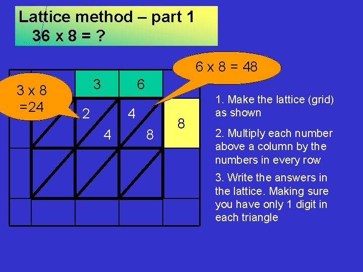 Lattice method – part 1 36 x 8 = ? 6 x 8 =