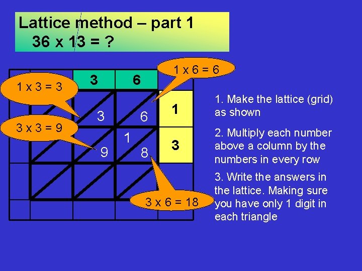 Lattice method – part 1 36 x 13 = ? 1 x 3 =