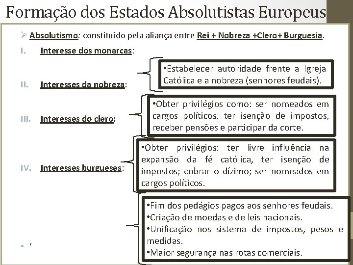 Formação dos Estados Absolutistas Europeus Ø Absolutismo: constituído pela aliança entre Rei + Nobreza