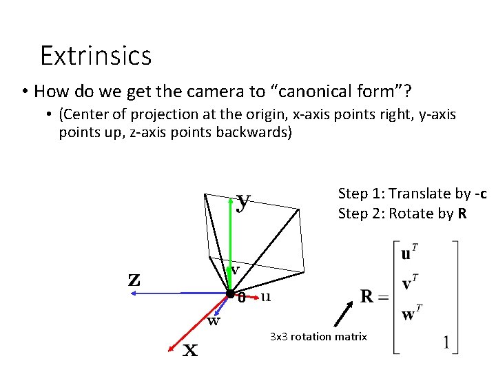 Extrinsics • How do we get the camera to “canonical form”? • (Center of
