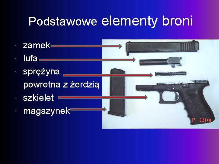 Podstawowe elementy broni zamek lufa sprężyna powrotna z żerdzią szkielet magazynek 