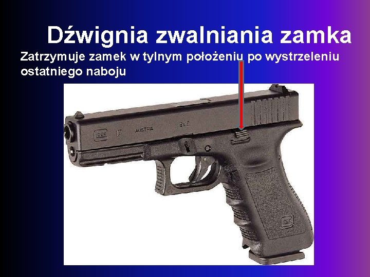 Dźwignia zwalniania zamka Zatrzymuje zamek w tylnym położeniu po wystrzeleniu ostatniego naboju 