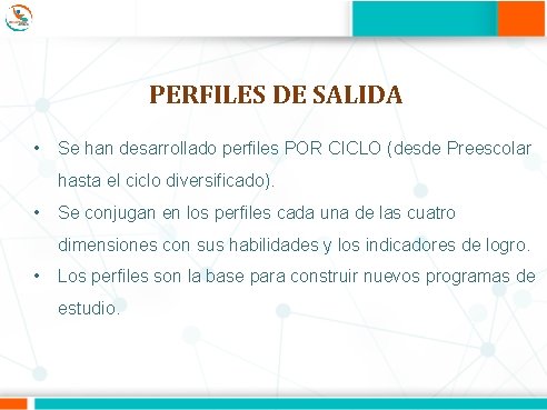 PERFILES DE SALIDA • Se han desarrollado perfiles POR CICLO (desde Preescolar hasta el