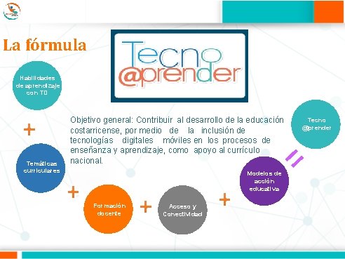 La fórmula Habilidades de aprendizaje con TD Temáticas curriculares Objetivo general: Contribuir al desarrollo