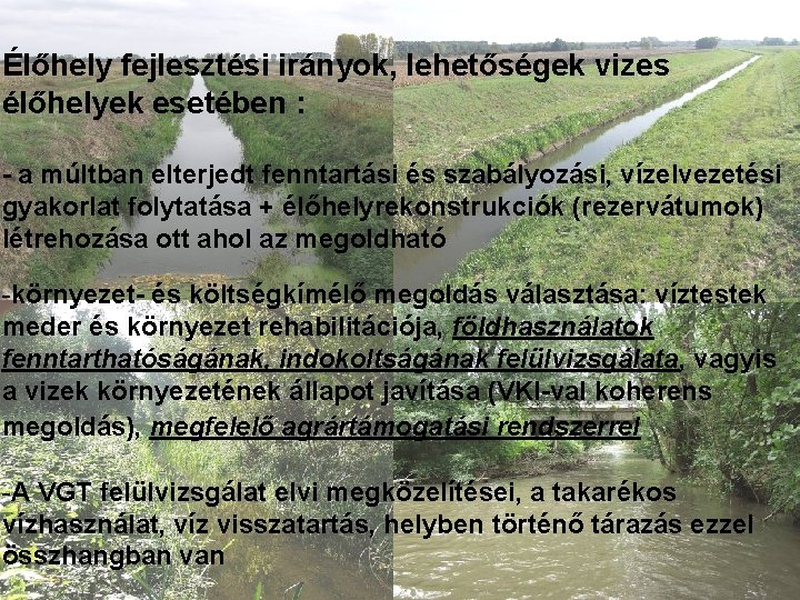 Élőhely fejlesztési irányok, lehetőségek vizes élőhelyek esetében : - a múltban elterjedt fenntartási és