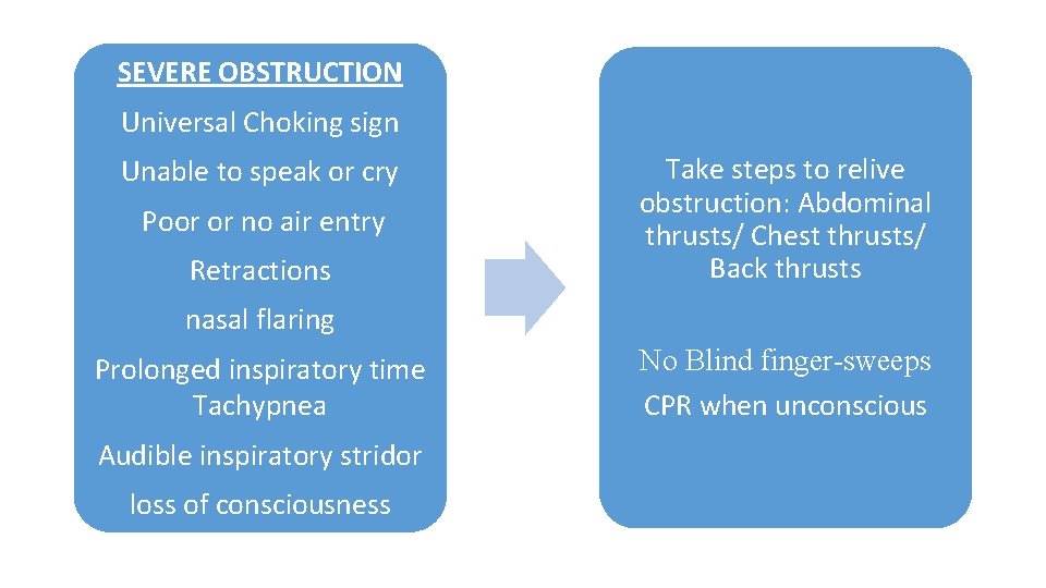 SEVERE OBSTRUCTION Universal Choking sign Unable to speak or cry Poor or no air
