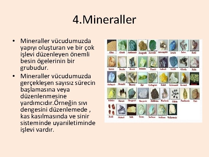 4. Mineraller • Mineraller vücudumuzda yapıyı oluşturan ve bir çok işlevi düzenleyen önemli besin