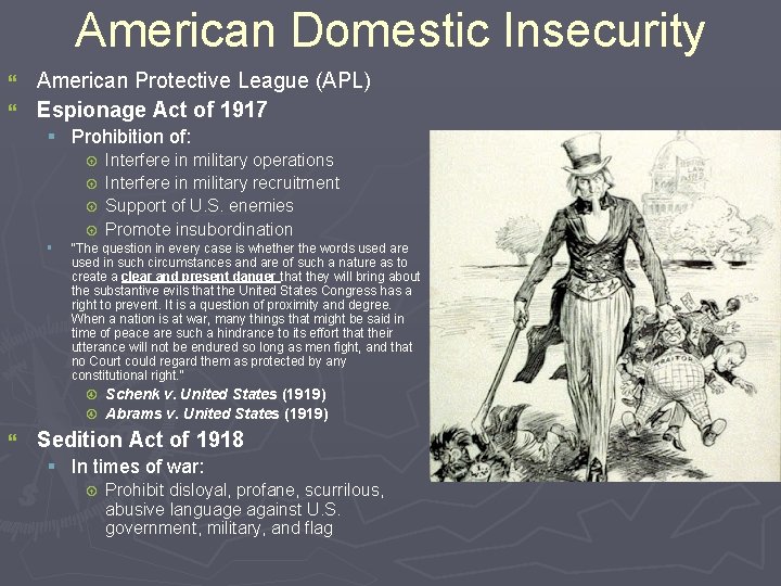 American Domestic Insecurity American Protective League (APL) } Espionage Act of 1917 } §