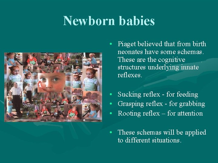 Newborn babies • Piaget believed that from birth neonates have some schemas. These are
