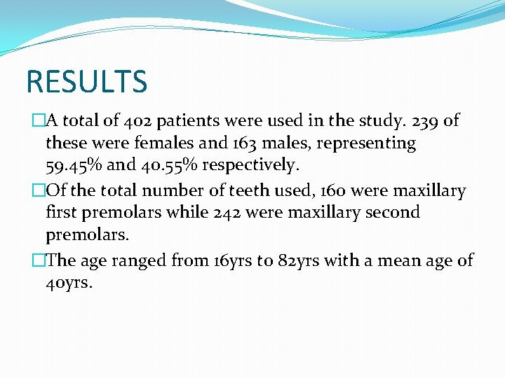 RESULTS �A total of 402 patients were used in the study. 239 of these