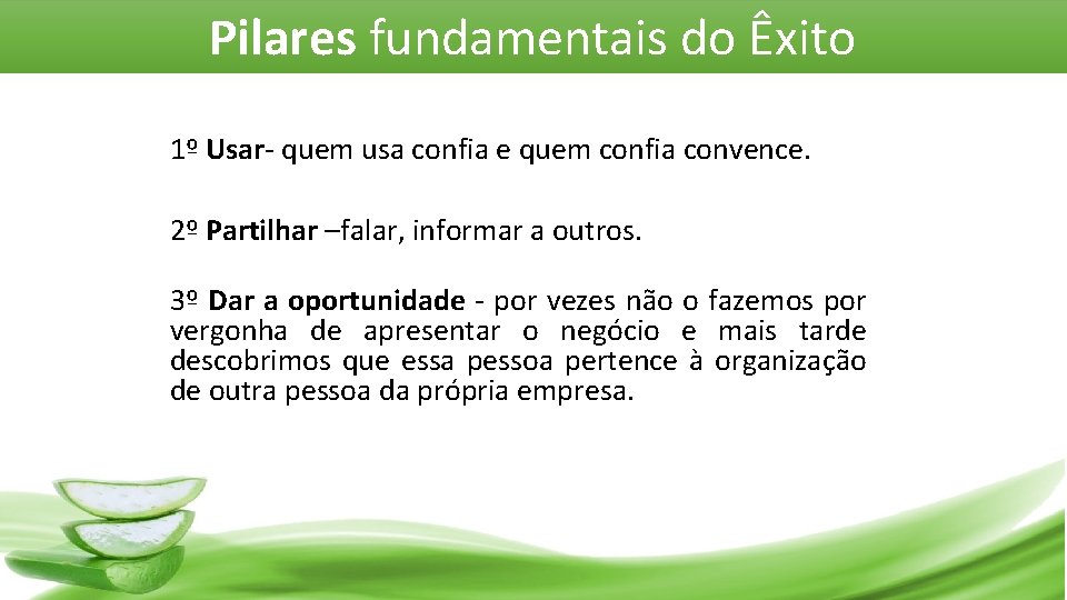 Pilares fundamentais do Êxito 1º Usar- quem usa confia e quem confia convence. 2º